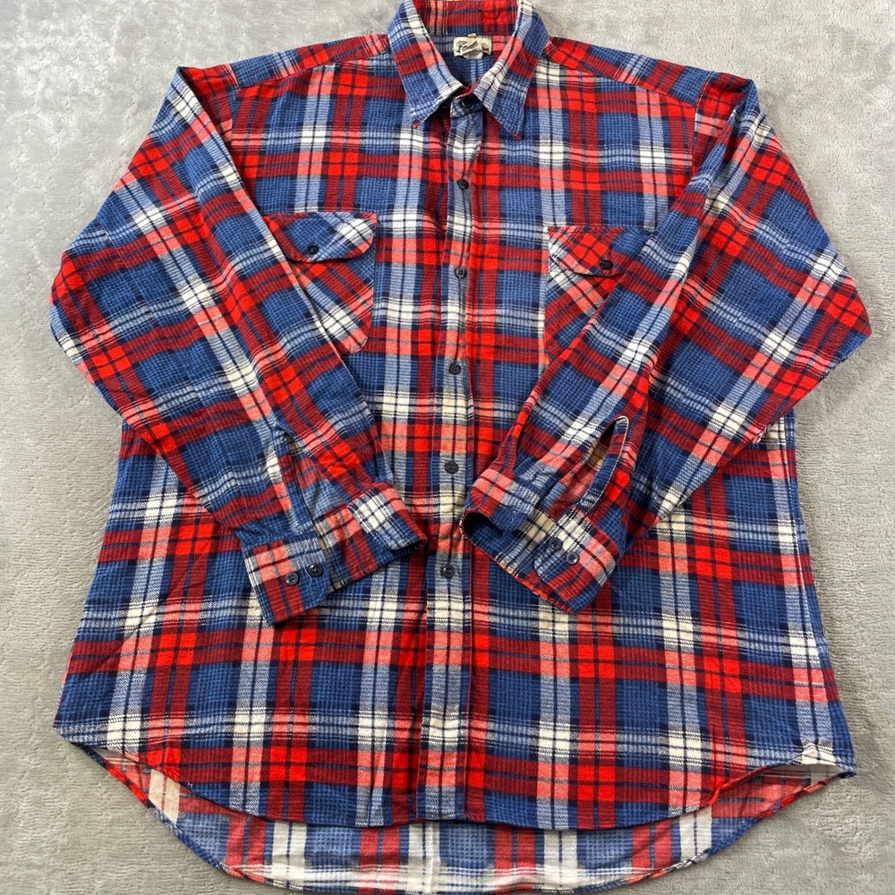 Vintage Phoenix Flannel Shirt Mens Large Red Blue Plaid Button Cotton 80s Casual